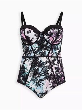 Torrid Palm Tree Print One-Piece Bustier Swimsuit - Black Trim Size 3/DD/F